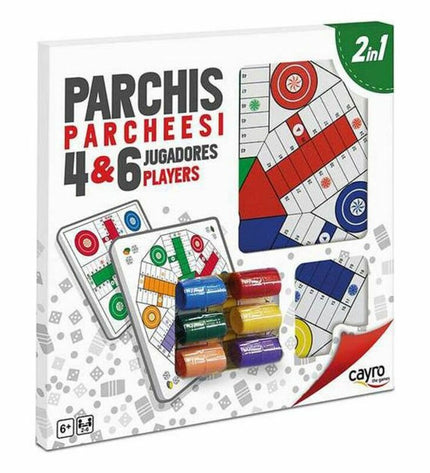 Cayro Parchis board game, 40x40 cm, colorful game pieces and dice for 2-6 players, in a bright, engaging design.