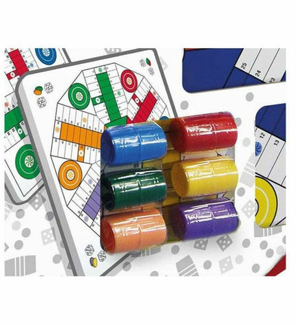 Cayro Parchis board game, 40x40 cm, for 4-6 players, colorful plastic game pieces and dice on a wooden surface.