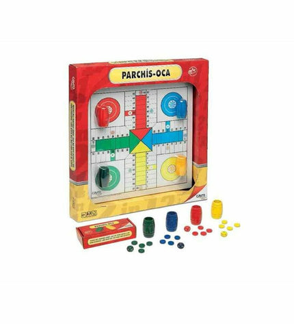 Cayro Parchis en Oca game board with colorful spaces and game pieces, used for family board game play.