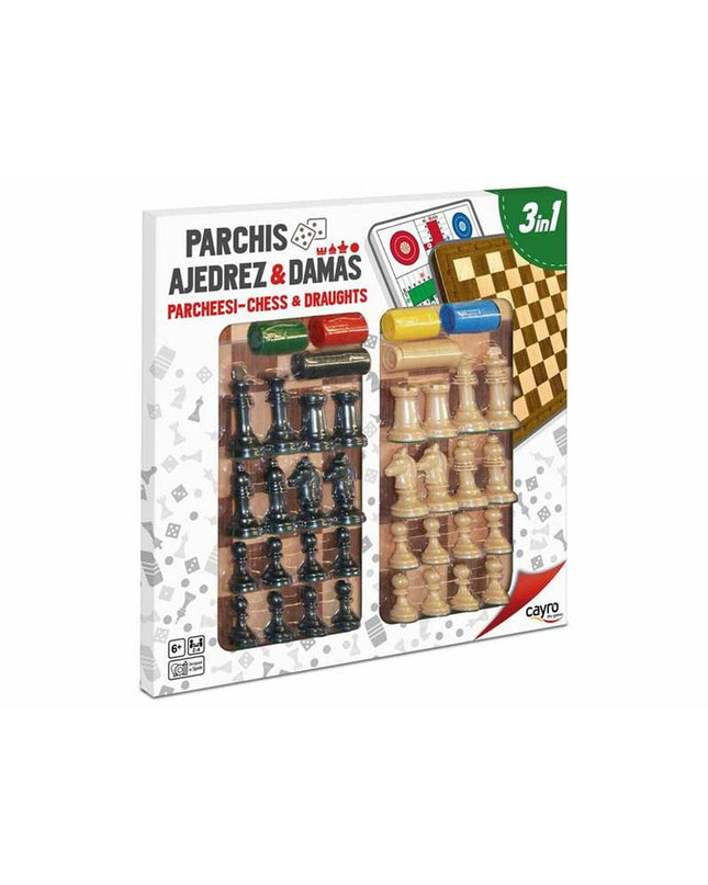 Cayro Parchis, Schaken en Dammen spelbord for kids, featuring colorful game pieces and a foldable wooden surface.