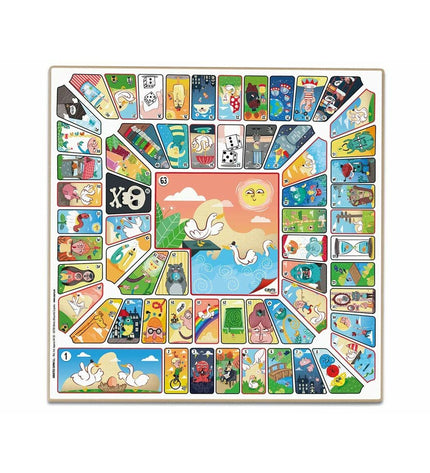 Cayro Parchis en Oca game board with colorful illustrations and game pieces for family fun and strategic play.