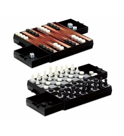 Cayro magnetic backgammon and chess game set with colorful playing pieces for fun and strategic gameplay.
