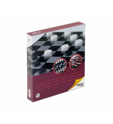 Cayro magnetic backgammon and chess game set with colorful pieces, compact design for portable play and puzzle fun.