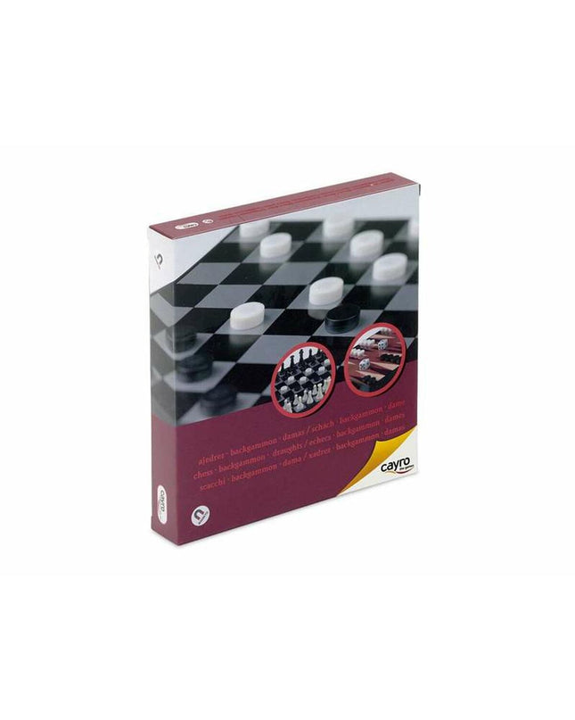 Cayro magnetic backgammon and chess game set with colorful pieces, compact design for portable play and puzzle fun.