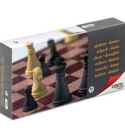 Cayro magnetic chess and checkers game board, plastic, 16x16 cm, featuring black and white squares and game pieces.