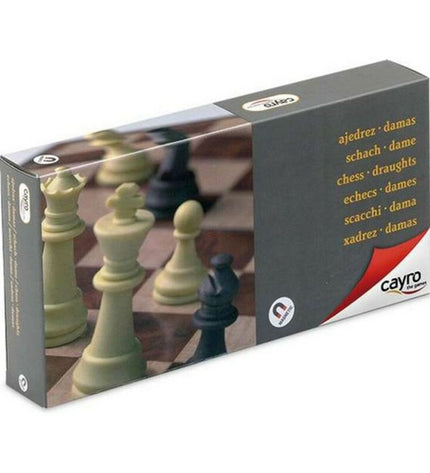 Cayro Schaken en Dammen spelbord with magnetic plastic pieces for chess and checkers gameplay.