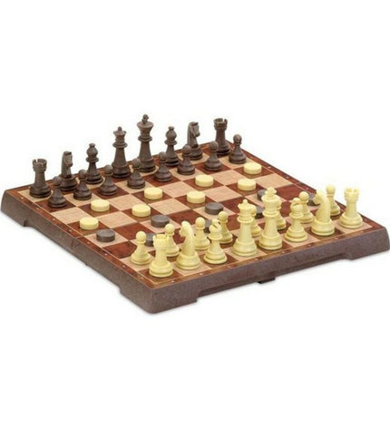 Cayro magnetic chess and checkers game board in plastic with black and white pieces, designed for fun and strategic play.
