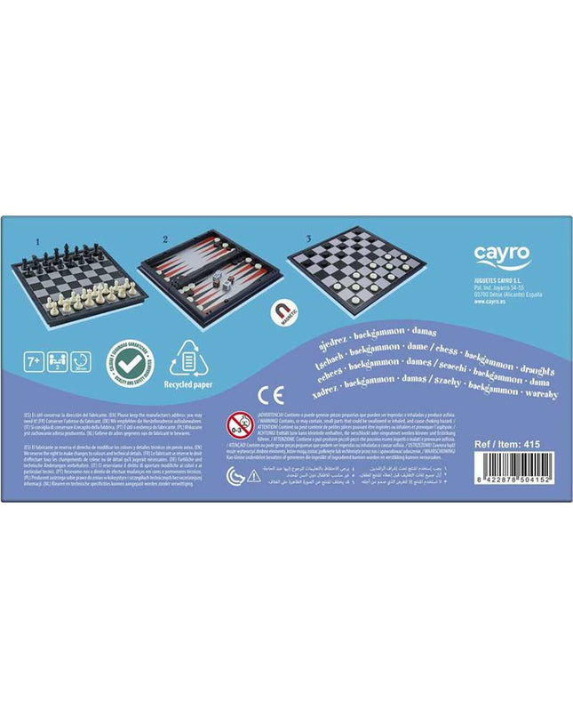 Cayro chess and checkers game board for kids, featuring a wooden surface with black and white pieces for strategic play.