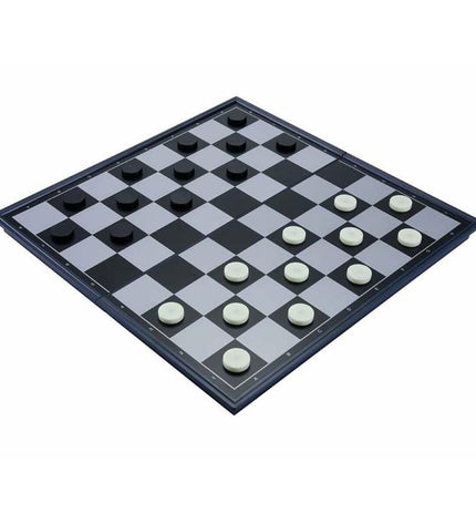 Cayro chess and checkers game board with black and white playing pieces on a wooden surface.