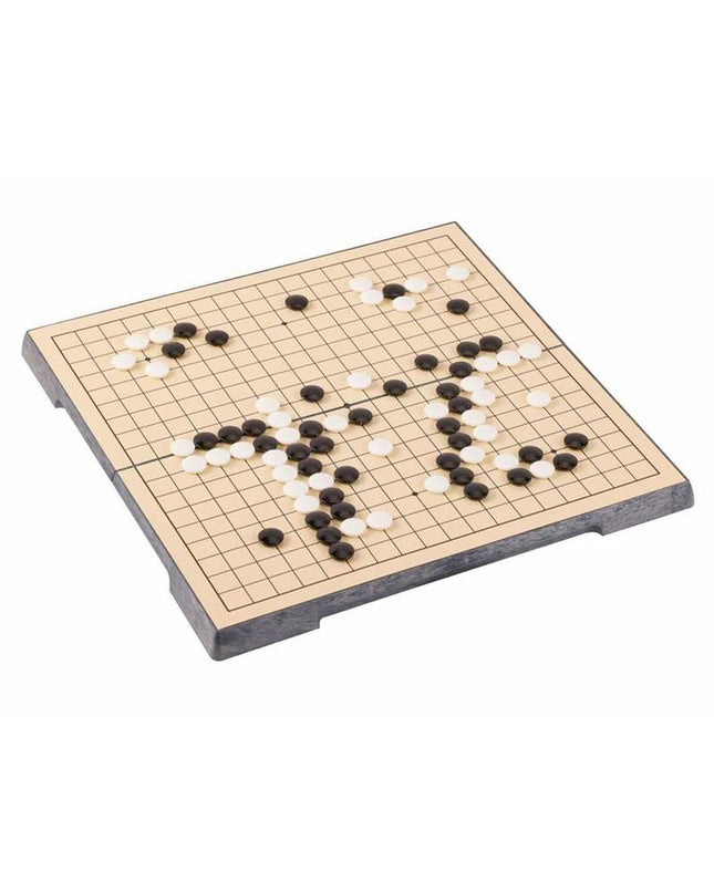 Cayro Go board game with black and white stones on a wooden game board, suitable for strategic tabletop play.
