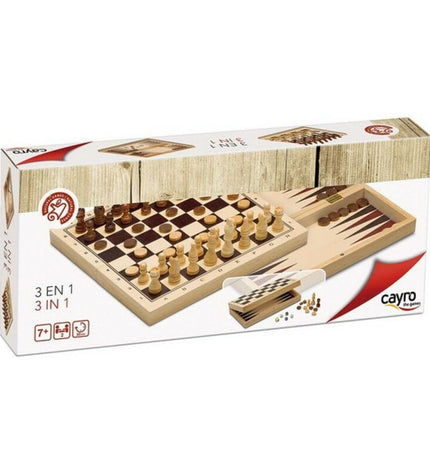 Set of 3 Cayro wooden board games including chess, backgammon, and checkers, each 29x29 cm, with natural wood finish.