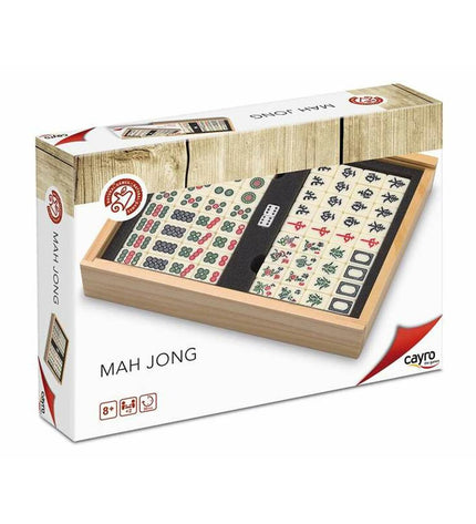 Cayro Mah Jong game with colorful tiles and wooden case, traditional Chinese domino-style game for family fun.