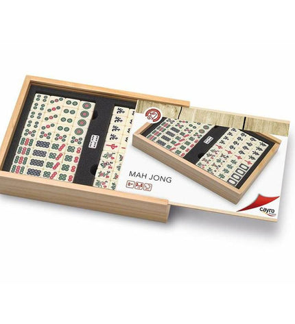 Cayro Mah Jong game set with colorful tiles for traditional Chinese tile matching game, placed on a wooden surface.