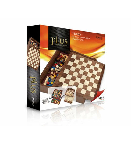 Set of 5 Cayro wooden board games, 29x29cm, for kids and family, featuring colorful game pieces and classic gameplay.