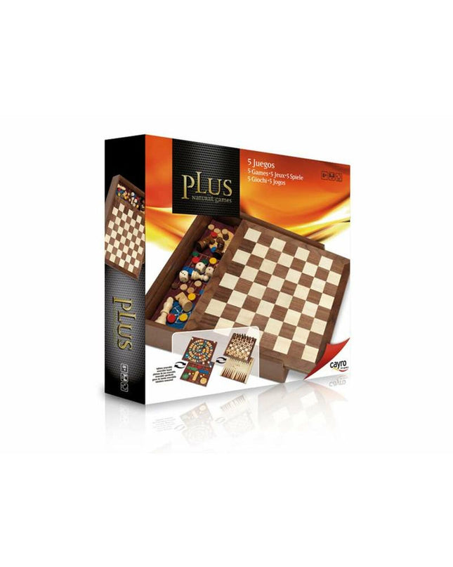Set of 5 Cayro wooden board games, 29x29cm, for kids and family, featuring colorful game pieces and classic gameplay.