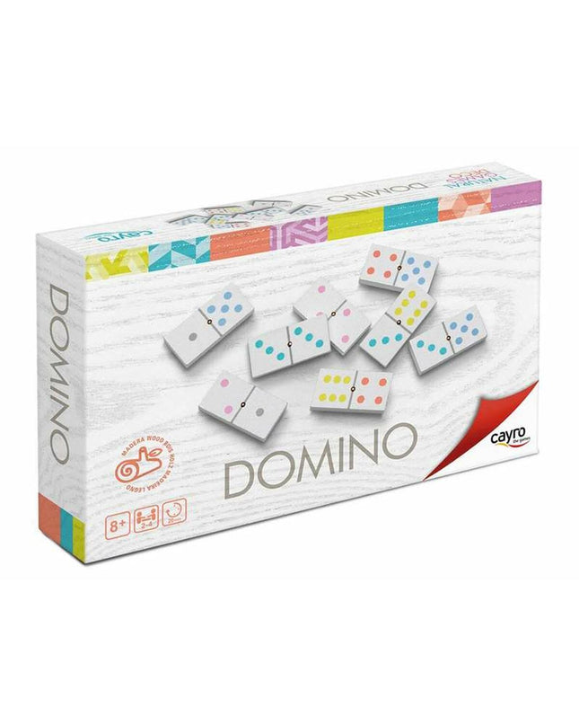 Cayro Domino set with rectangular white tiles featuring black dots, arranged on a wooden surface, for traditional game play.