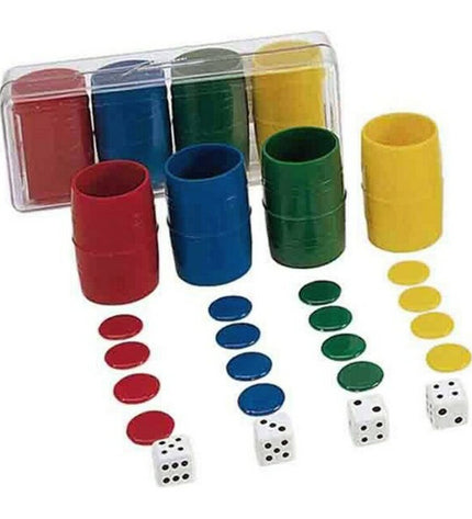 Cayro Parchis game cups and game pieces, colorful plastic tokens for playing Parchis, a popular board game by Cayro.