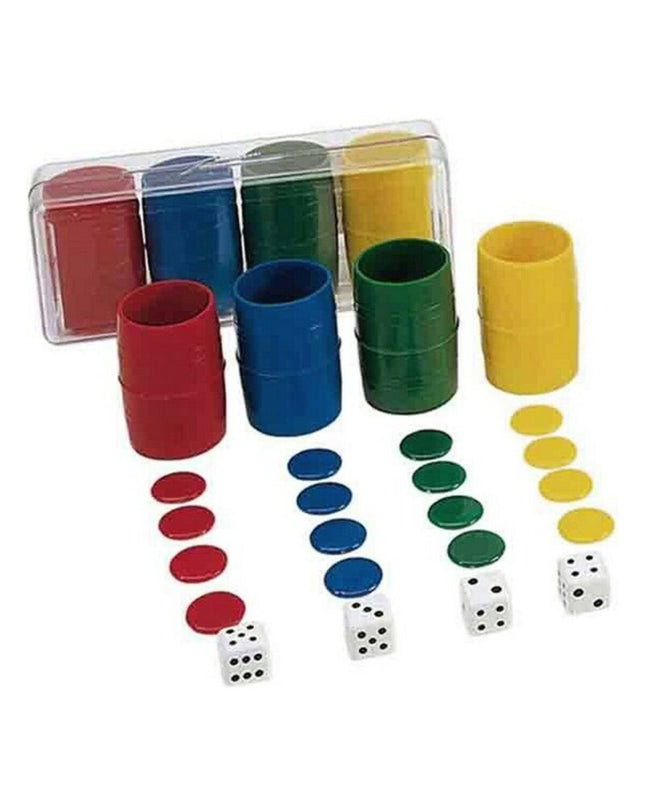 Cayro Parchis game cups and game pieces, colorful plastic tokens for playing Parchis, a popular board game by Cayro.