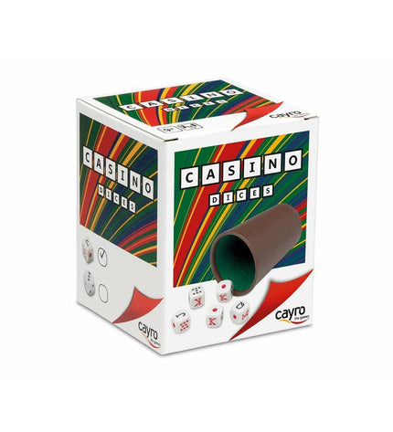 Cayro poker dice cup with colorful plastic dice for fun gaming and gambling entertainment.