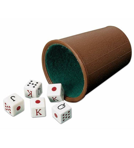 Cayro poker dice cup with colorful plastic dice for playing gambling and casino-style games, toy and game accessory.
