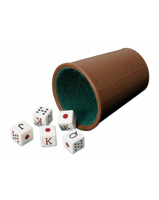 Cayro poker dice cup with colorful plastic dice for playing gambling and casino-style games, toy and game accessory.