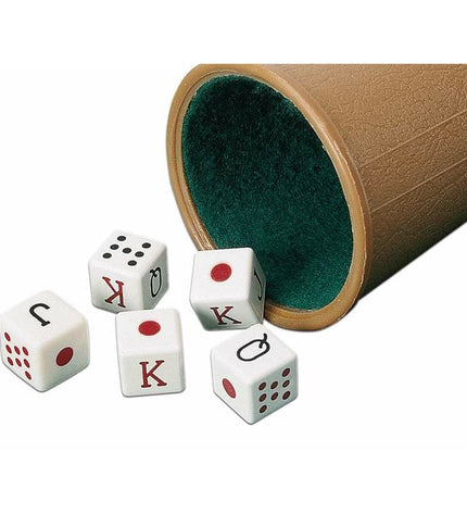 Cayro poker dice cup with colorful dice for games, featuring a plastic container for storing poker dice and accessories.