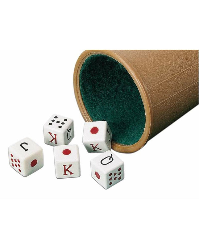Cayro poker dice cup with colorful dice for games, featuring a plastic container for storing poker dice and accessories.