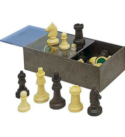 Cayro plastic chess pieces set, includes king, queen, pawns, and rooks on a game board for classic chess gameplay.