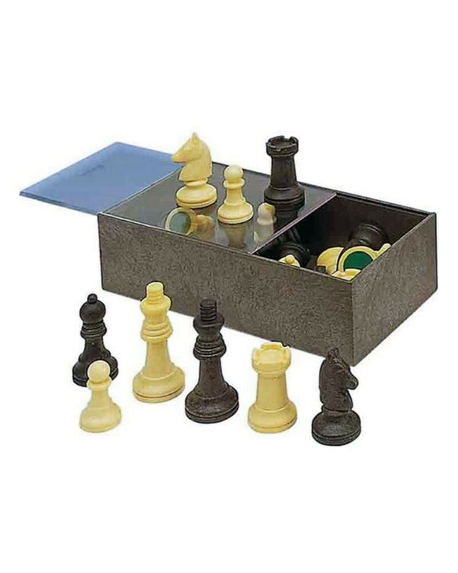 Cayro plastic chess pieces set, includes king, queen, pawns, and rooks on a game board for classic chess gameplay.