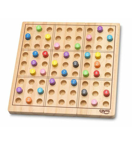 Cayro Sudoku wooden puzzle with 81 pieces, measuring 18x18x1.2 cm, featuring a grid and game components for brain-teasing fun.