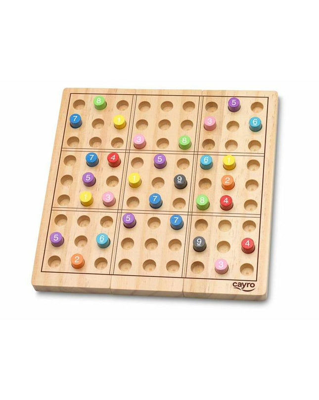 Cayro Sudoku wooden puzzle with 81 pieces, measuring 18x18x1.2 cm, featuring a grid and game components for brain-teasing fun.