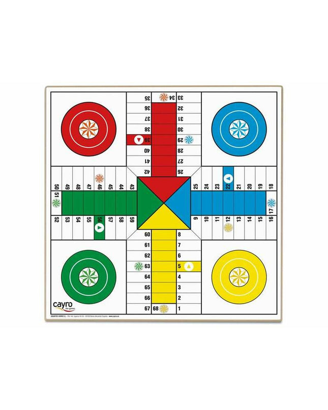 Cayro wooden game board for Parchis, chess, and checkers, featuring a polished wood surface with colorful game pieces.