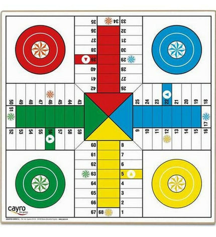 Cayro Parchis en Oca game board, 40x40 cm, colorful design with numbered spaces and game pieces for fun family play.