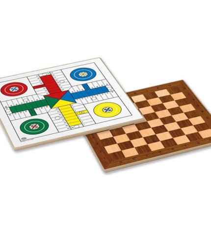 Cayro Parchis, schaken en dammen speelbord, 40x40 cm, with colorful game spaces for children's board games and accessories.