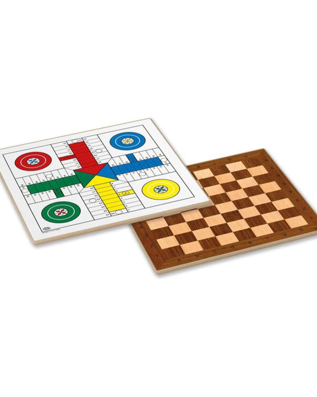 Cayro Parchis, schaken en dammen speelbord, 40x40 cm, with colorful game spaces for children's board games and accessories.