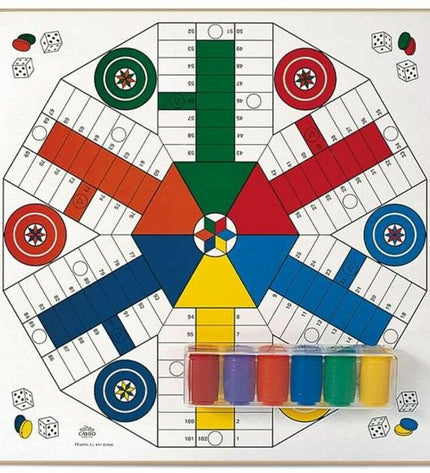 Cayro Parchis board game with colorful playing pieces on a 40x40 cm game board, ideal for family gameplay.