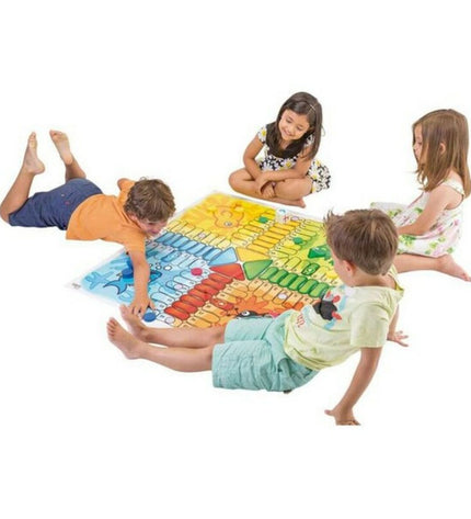 Giant Cayro Parchis game board, 100x100 cm, with colorful playing pieces and game accessories for children and family fun.