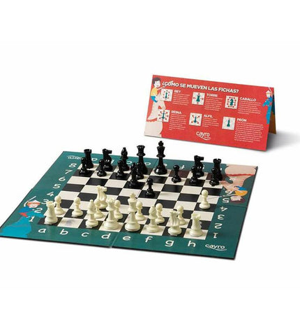 Cayro My First Chess set with colorful wooden chess pieces on a game board, designed for beginner chess players.