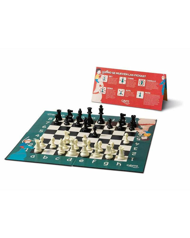 Cayro My First Chess set with colorful wooden chess pieces on a game board, designed for beginner chess players.