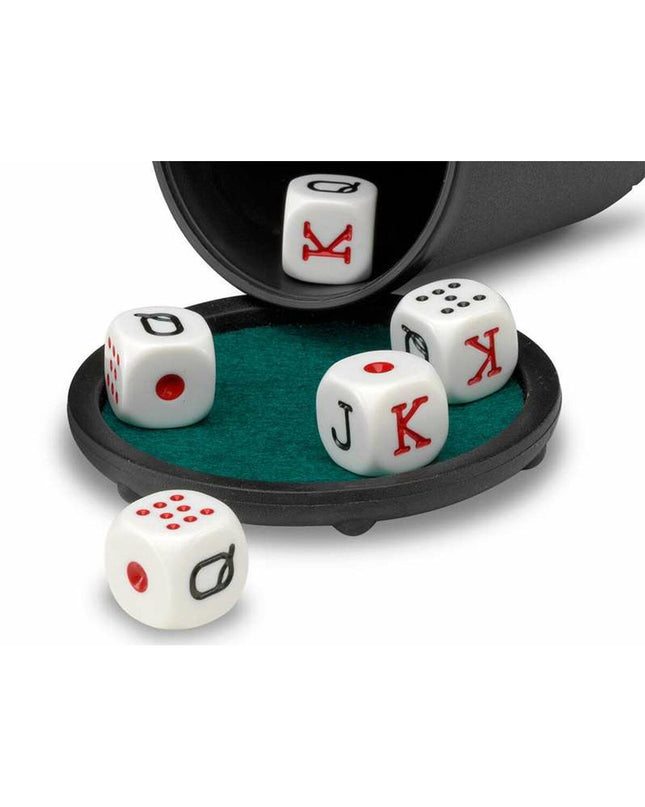 Cayro poker dice cup with colorful dice inside, used for playing dice games and gambling fun in a compact toy set.