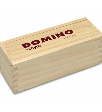 Cayro Domino Cayro 243 set featuring black and white domino tiles arranged on a wooden surface.