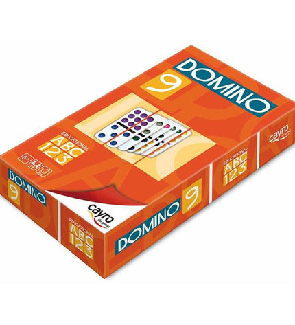 Cayro Domino set with black and white rectangular tiles, arranged on a wooden surface for gameplay or collection.