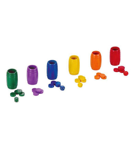Set of six Cayro wooden Parchis game pawns for children’s board games, featuring colorful, round game pieces.