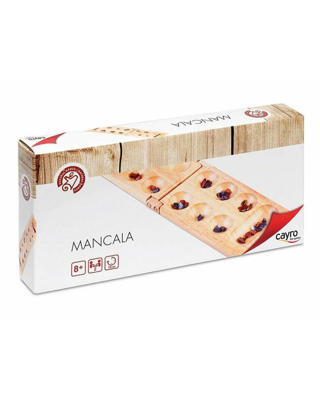 Cayro Mancala board game with wooden mancala cups and colorful stones, designed for fun strategy gameplay.