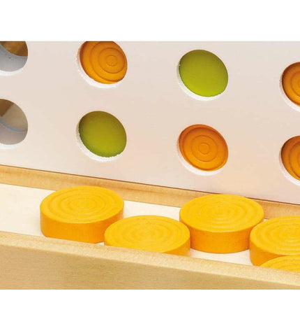 Cayro board game with 42 pieces arranged in four rows, measuring 28.5 x 17 x 4 cm, featuring colorful game components.