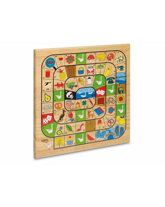 Cayro Parchis en Oca game board with colorful pathways and game pieces, designed for children's board game entertainment.