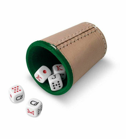 Cayro poker dice cup with colorful plastic dice for playing games and gambling fun.