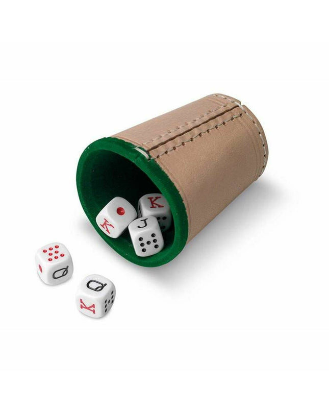 Cayro poker dice cup with colorful plastic dice for playing games and gambling fun.