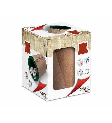 Cayro poker dice cup with colorful wooden dice for games and gambling, close-up of the toy set on a white background.