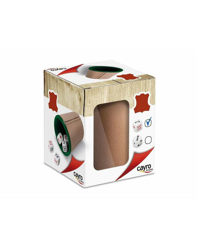 Cayro poker dice cup with colorful wooden dice for games and gambling, close-up of the toy set on a white background.